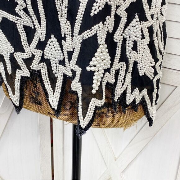 Miss Paillette Pearl Embellished Silk Pullover Blouse Black White Large - Picture 6 of 11